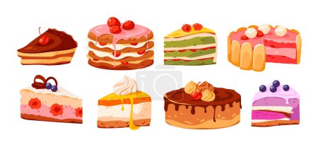 Illustration for Delicious cakes and pastries set. Pieces of cake with different fillings. Tasty birthday food. Cartoon vector illustration. - Royalty Free Image