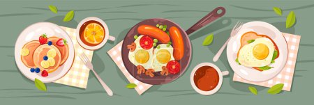 Breakfast in nature. Picnic food set, scrambled eggs, sausages, pancakes, berries, coffee and tea. Flat vector illustration