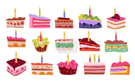 Téléchargez les illustrations : Morceaux d'un gâteau festif avec des bougies. Gâteau d'anniversaire. Illustration vectorielle dessinée à la main. - en licence libre de droit