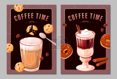 Téléchargez les illustrations : Affiches de l'heure du café. Types de café collection de circulaires. Latte, moka. Une boisson chaude. Modèle vectoriel pour bannières, promotions, flyers. - en licence libre de droit
