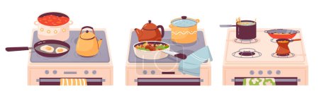 Illustration for Kettles and pots on the kitchen stove. Cooking food. Gas and electric kitchen stove. Home cooking. Cartoon flat vector illustration. - Royalty Free Image