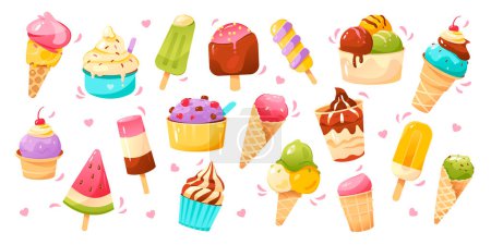 Illustration for Ice cream is a large set. Vector icons of different types of ice cream. Bright summer poster with sweet food. A collection of scrapbooking elements for a summer party. - Royalty Free Image