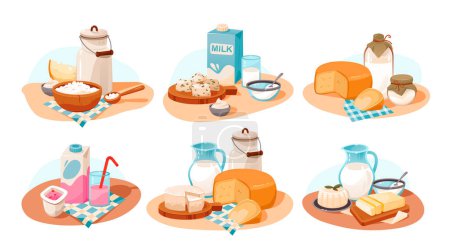Téléchargez les illustrations : Ensemble de produits laitiers. Aliments faits maison bio. Illustration vectorielle de bande dessinée - en licence libre de droit