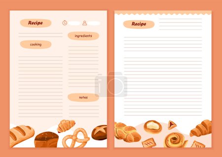 Illustration for Recipe cards for baking. Template cookbook sheets for recipe, notes on cooking and ingredients. Vector cartoon illustration - Royalty Free Image