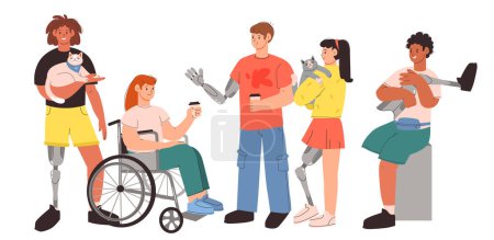 Diverse Menschen mit Behinderungen. Ein Mann und eine Frau mit Prothesen und im Rollstuhl. Diversität und Inklusion. Flache Vektorabbildung.