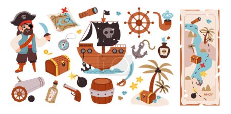 Téléchargez les illustrations : Jeu de pirates avec des éléments mignons d'aventures en mer. Pirate, trésor, bateau, île avec palmiers et carte. Illustration vectorielle plate - en licence libre de droit