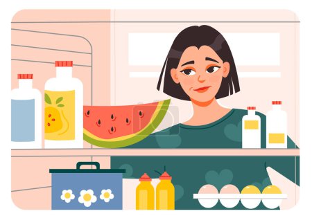 Ilustración de Mujer hambrienta revisando refrigerador con comida. Ilustración vectorial plana. - Imagen libre de derechos