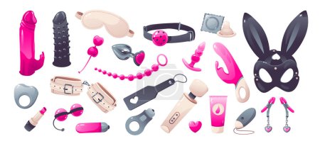 Sex toys set. Erotic accessories for bdsm. Cartoon vector illustration