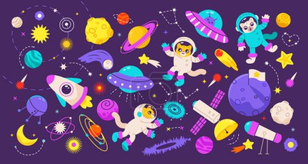 Téléchargez les illustrations : Mignon espace enfants avec des chats astronautes. Chat joyeux dans une galaxie fantastique. Ensemble vectoriel plat avec planètes, vaisseaux spatiaux et soucoupes volantes. - en licence libre de droit
