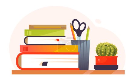 A bookshelf with books and writing materials. A stack of books on a shelf. Vector cartoon illustration.