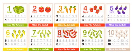 Illustration for Number learning flashcards with cute vegetables. Count and trace of numbers. Kids educational game. Vector illustration - Royalty Free Image