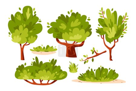 Ilustración de Colección de arbustos, árboles y hierba sobre un fondo blanco. - Imagen libre de derechos