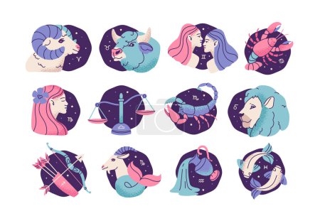 Illustration for Zodiac constellations. Zodiac signs icons set. Astrological horoscope icons. Vector signs isolated on white background - Royalty Free Image