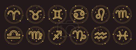 Téléchargez les illustrations : Constellations zodiacales. Zodiaque signes icônes ensemble. Horoscope astrologique icônes. Signes vectoriels isolés sur fond blanc - en licence libre de droit