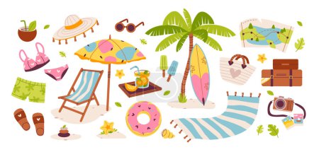 Illustration for Summer set of cute elements, drawn in a minimalist style. Flat vector illustration. Summertime and beach icons - Royalty Free Image