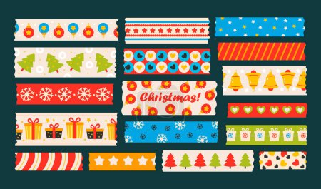 Cintas de Navidad Washi. Conjunto vectorial de tiras decorativas con elementos navideños tradicionales, copos de nieve, decoraciones, árbol de Navidad. Cinta adhesiva o tiras adhesivas.