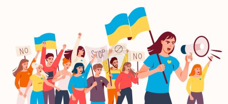 Illustration for A crowd of people at a rally with the flag of Ukraine and posters. People are protesting against the war in Ukraine. Rally in support of Ukraine. Vector illustration - Royalty Free Image