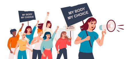 Mein Körper meine Wahl. Frauenrechte. Frauenrechte auf Abtreibung. Frauen protestieren mit Plakaten. Das Konzept ist feministisch. Vektorillustration