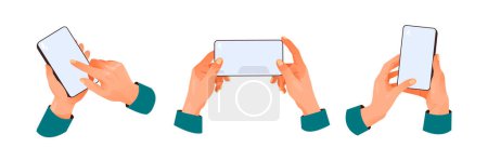 Illustration for A set of hands that hold smartphones, the concept of online communication in social networks. Vector illustration for web design - Royalty Free Image