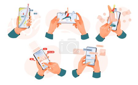 Hands holding mobile phones set. Ordering products through the app, watching videos, chatting on social networks, an online map in your phone. Flat vector illustration