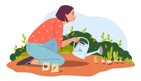 Téléchargez les illustrations : Une femme avec un arrosoir. Une femme dans le jardin arrose des plantes. Jardinage biologique. Illustration vectorielle plate. - en licence libre de droit