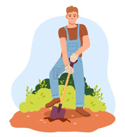 Ilustración de Un jardinero con una pala. Ilustración vectorial plana. - Imagen libre de derechos