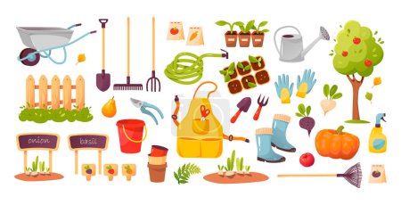 Garden, farm and agriculture set. Gardening tools. Harvest. Cartoon vector illustration