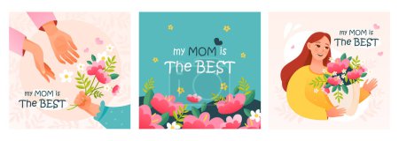 Illustration for Mother's Day. A set of cute holiday cards. Mom and baby, gifts and flowers for Mother's Day celebrations. Postcard, banner, poster design templates. Cute cartoon vector illustration - Royalty Free Image