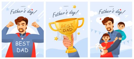 A set of postcards for Father's Day. Father and child. Cute cartoon vector illustration