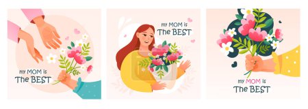 Ilustración de Día de la Madre. Un juego de postales para la mejor madre. Flores y regalos para el día de la madre. Lindo vector de dibujos animados ilustración - Imagen libre de derechos