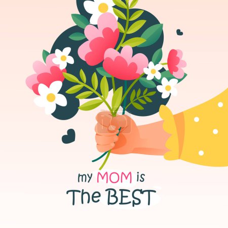 Téléchargez les illustrations : Fête des Mères. Une carte postale pour la meilleure maman. L'enfant tient un bouquet. Illustration de dessin animé mignon - en licence libre de droit