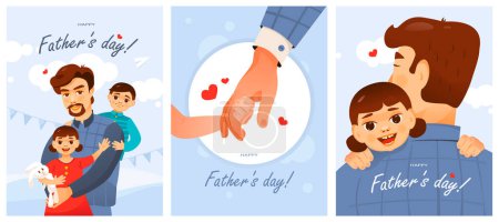 Téléchargez les illustrations : Un jeu de cartes postales pour la fête des pères. Père et enfant. Illustration vectorielle dessin animé mignon. - en licence libre de droit