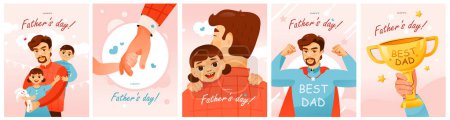 Ilustración de Un juego de postales para el Día del Padre. Padre e hijo. Lindo vector de dibujos animados ilustración. - Imagen libre de derechos