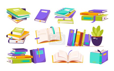 Stapelweise Bücher zum Lesen. Ein Satz Literatur, Lehrbücher, Wörterbücher, Planer mit Lesezeichen. Farbige flache Vektordarstellung isoliert auf weißem Hintergrund