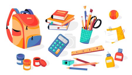 Illustration for Office supplies. Stacks of books, notebooks, writing supplies for the office and school. Back to school. Flat vector illustration - Royalty Free Image