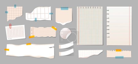 A set of pieces of torn paper from a notebook, glued on a gray background. Sheets of paper for notes and inscriptions. Vector illustration