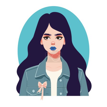Téléchargez les illustrations : Portrait d'une fille rêveuse aux cheveux bleus et au maquillage lumineux dans une veste en denim. Illustration vectorielle plate - en licence libre de droit