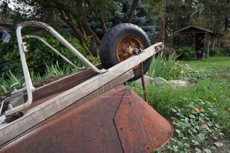Rustic wheelbarrow in front of a small garden near the woods in Northeast Washington state.