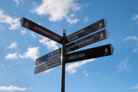 Téléchargez les photos : Signs showing the directions to various popular places in Victoria, British Columbia, Canada on Vancouver Island - en image libre de droit