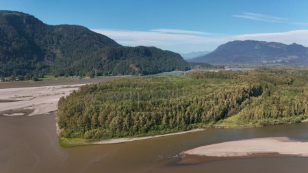 Aerial view of the Island 22 Regional Park along Fraser River in Chilliwack, British Columbia, Canada.