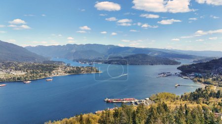 Beautiful aerial view of the Burrard Inlet as seen from North Burnaby during a spring season in British Columbia, Canada.