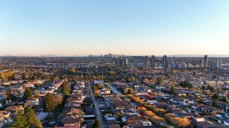 Beautiful sunset over the skyline of Burnaby in the Lower Mainland during a spring season in British Columbia, Canada.