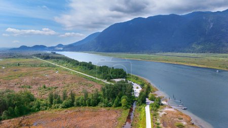 Aerial view of Grant Narrows Regional Park during a spring season in Pitt Meadows, British Columbia, Canada.