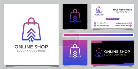 logo couleur moderne de la boutique en ligne avec symbole de balayage vers le haut, logo du marché du shopping rapide et carte de visite