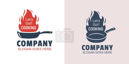 Vintage retro hot cook logos of rustic old skillet cast iron with fire for traditional food restaurant kitchen logo design