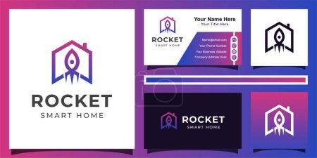 tecnología moderna minimalista de la casa cohete para el logotipo del hogar inteligente con estilo de línea de arte y diseño de tarjetas de visita