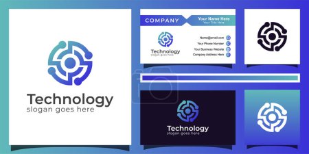 gradient circle technology blue color logo design of abstract letter O, eye tech logo vector with business card