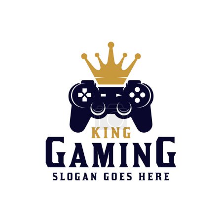 palo o joystick con corona rey de juegos deportivos para la tienda de juegos, gamer pro jugador logo diseño