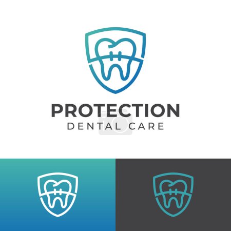 Schutz gesunder Zähne mit Zahnspangen und Schildsymbol für Zahnpflege oder Logodesign des Zahnarztes