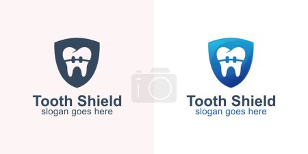 Schutz gesunder Zähne mit Zahnspangen und Schildsymbol für Zahnpflege oder Logodesign des Zahnarztes